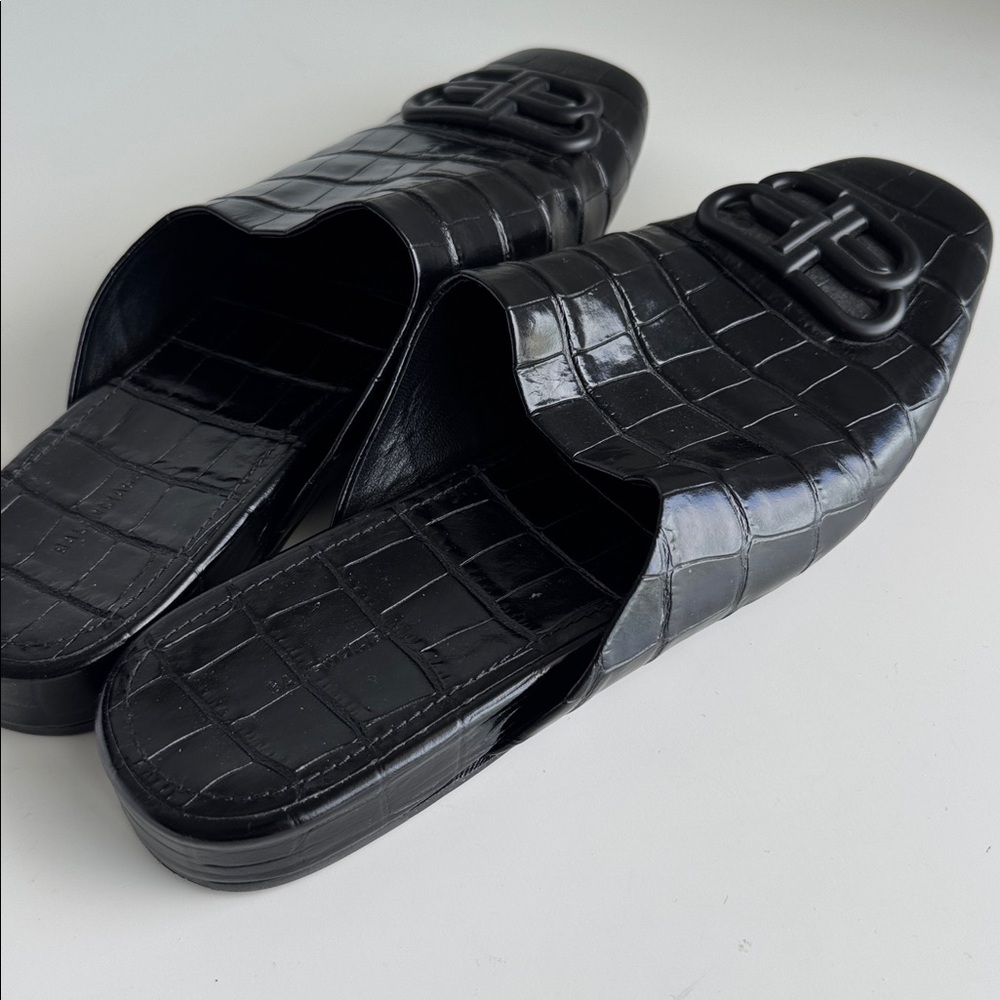 Balenciaga Black Croc-Embossed Mules